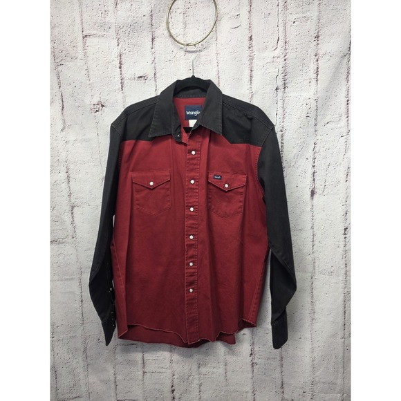 Vintage Wrangler Brushpopper Western Shirt L Pearl Snap Red Black Color block